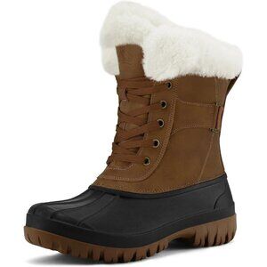 Women's Black brown  Waterproof Insulated Snow Boots Lace-Up Mid Calf Duck Boots